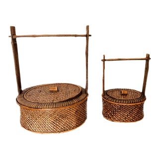 Antique Chinese Bamboo & Rattan Baskets- Set of 2 For Sale