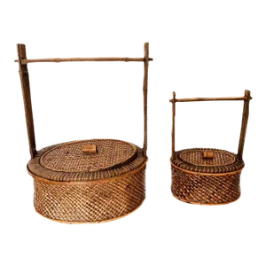 Antique Chinese Bamboo & Rattan Baskets- Set of 2