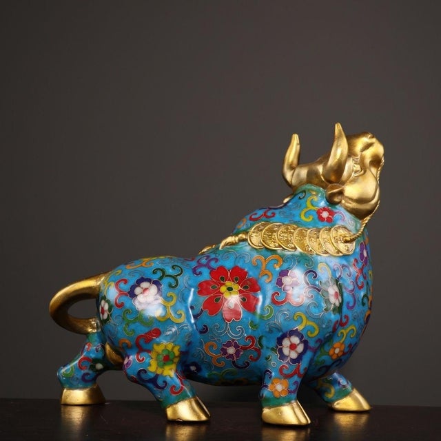 Traditional Vintage Cloisonne Enamel Ox Figure – 8.7" Gilt Mythical Bull Sculpture For Sale - Image 3 of 9