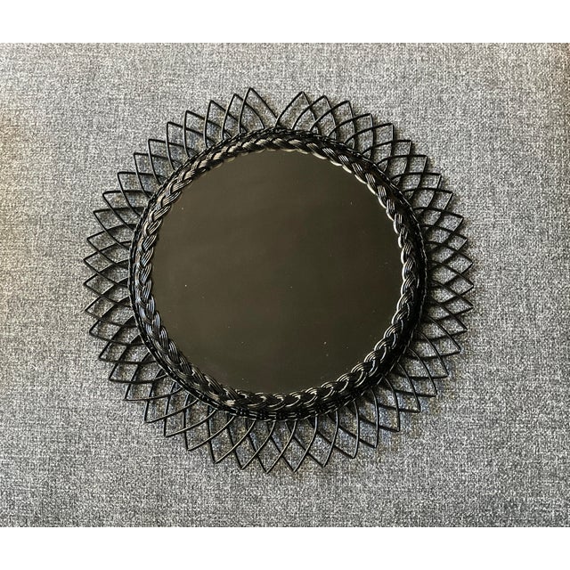 Wood Vintage Round Wicker Sunburst Wall Mirror For Sale - Image 7 of 13