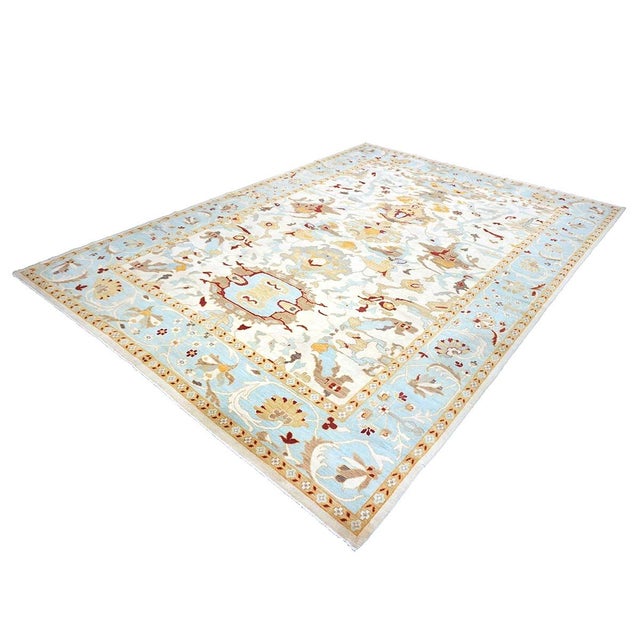 Islamic Afghan Sultanabad Wool 10x14 Blue, Tan & Ivory Handmade Area Rug #1143655 For Sale - Image 3 of 8