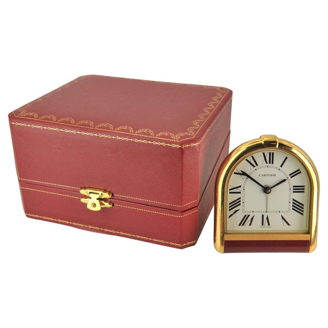 Contemporary 18CT Gold Plated Cased Romane Pendulette Quartz Alarm Clock by Cartier, Paris, 1980s For Sale - Image 3 of 13