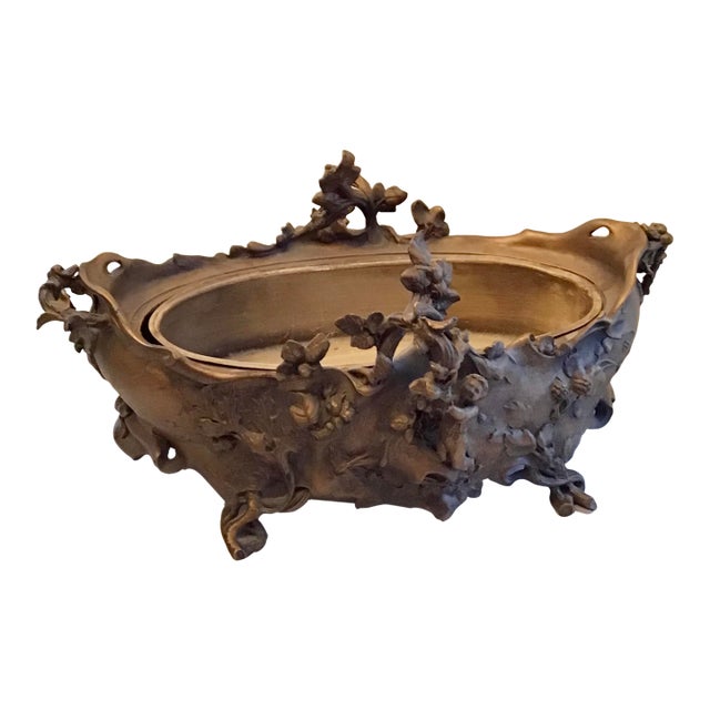 Antique Art Nouveau Metal Jardinière Planter Centerpiece, Cupid & Berry Vining Motif, Signed De Meyer, Removable Liner Included For Sale