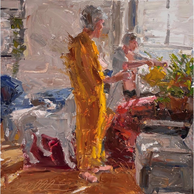 Lots Daughter by Clyde Steadman | Oil on Cradled Panel Painting of two figures in a sunlit room For Sale