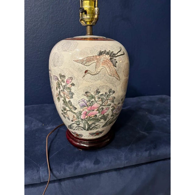 Paint 1970s Kalart Stippled Famille Rose Jar Lamp Cranes For Sale - Image 7 of 11