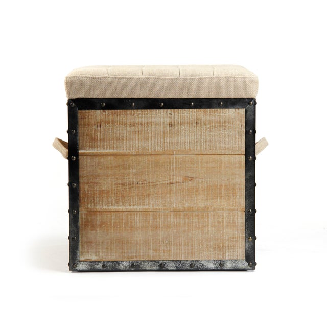 French Country Faye Burlap/Oak Tufted Top Storage Cube For Sale - Image 3 of 5
