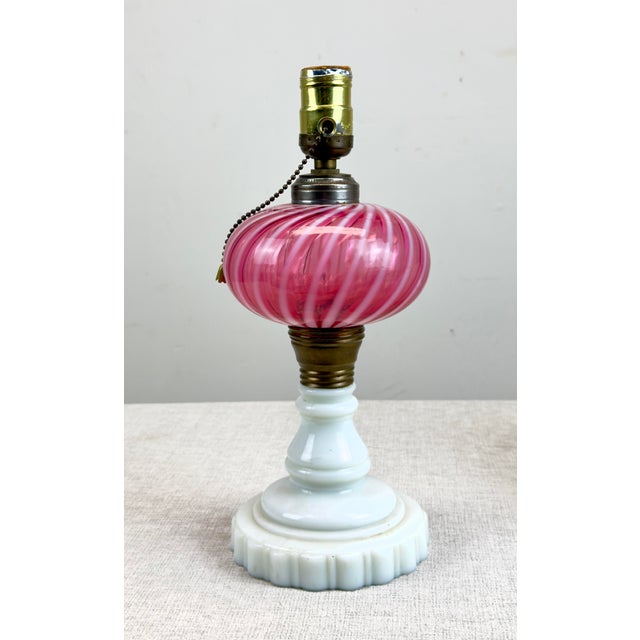 Antique Fenton / L G Wright Style Cranberry & Milk Glass Converted Oil Lamp For Sale In New York - Image 6 of 10