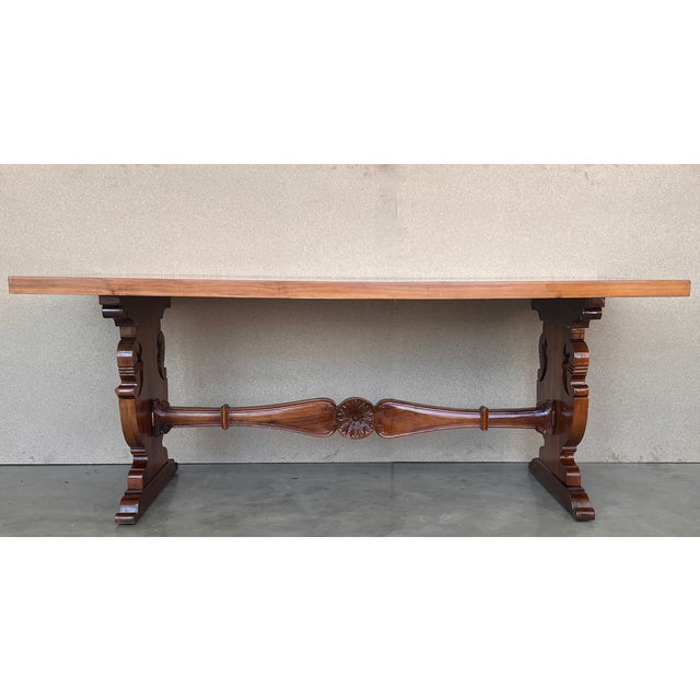 1920s 20th Century Spanish Baroque Carved Walnut Lyre Legs Trestle Dining Farm Table For Sale - Image 5 of 11