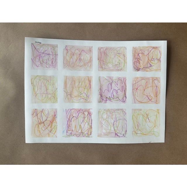 A soft and whimsical abstract drawing featuring twelve delicate pastel-toned squares filled with intuitive looping lines...
