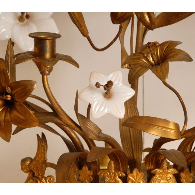 Antique French Candelabra Gold Bronze Brass Church Candelabra Opaline Glass Flowers For Sale - Image 10 of 11
