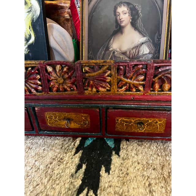 Wood Wooden Vintage Red Shelf With Carved Details and Drawers For Sale - Image 7 of 8