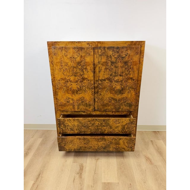 Mid 20th Century Vintage John Stuart MCM Burlwood Tallboy Armoire, Drawers and Doors, Collectable For Sale - Image 5 of 11