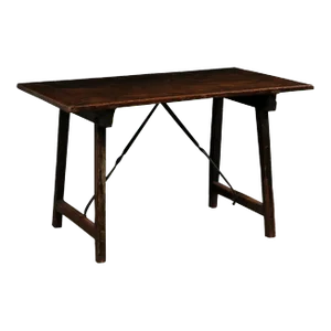 18th C. Italian Walnut Trestle Leg & Iron Stretcher Table 'Or Desk'