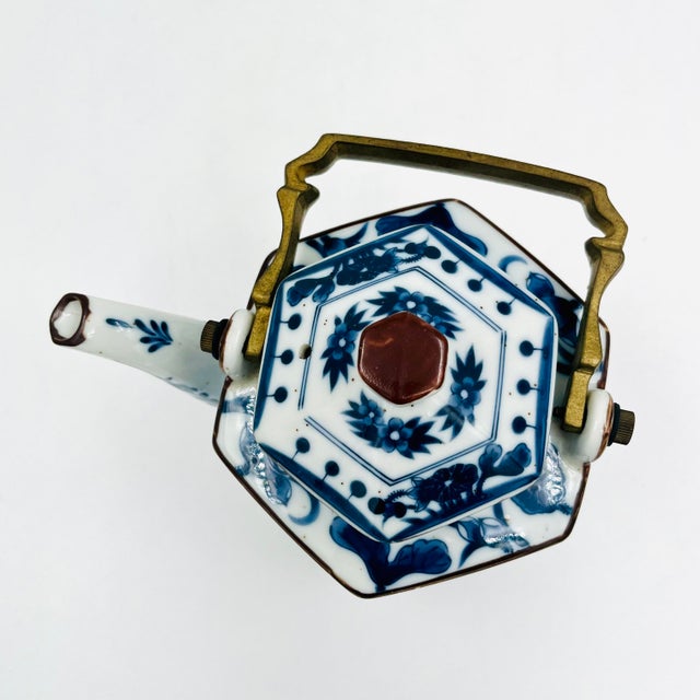 Vintage Blue and White Chinoiserie Hexagon Teapot With Bronze Handle For Sale - Image 4 of 15