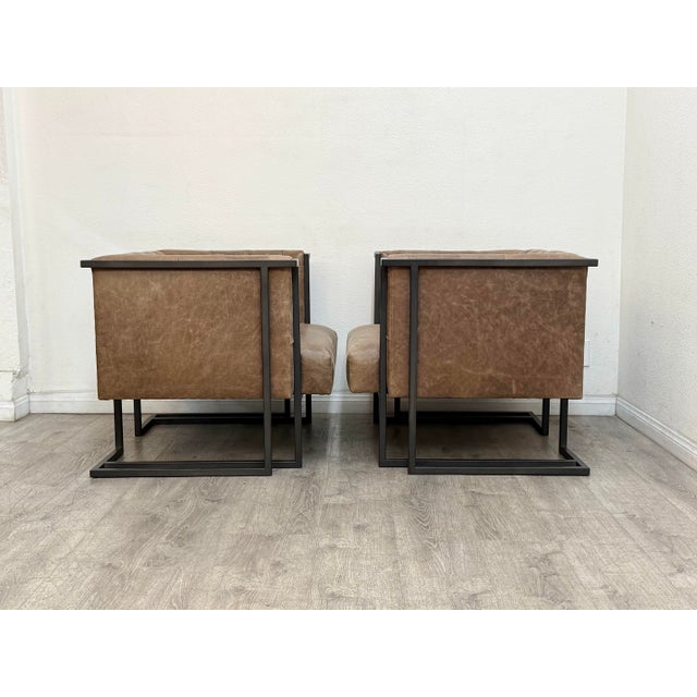 Modern Pair of Modern Tufted Leather Club Chairs For Sale - Image 3 of 11