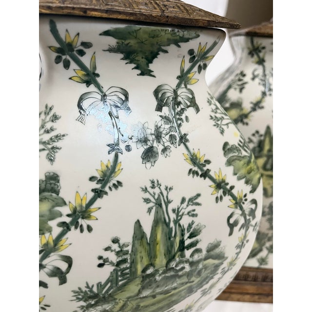 Mid 20th Century Mid 20th Century Chinoiserie Hand Painted Green Floral Vintage Lamps – A Pair For Sale - Image 5 of 10