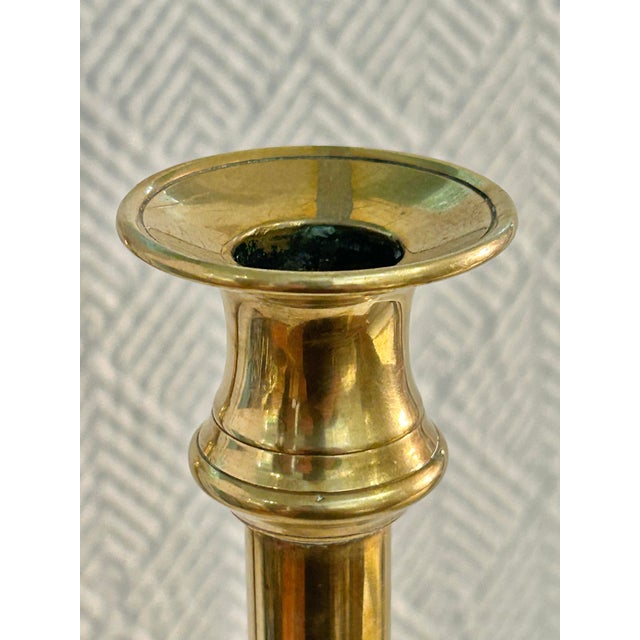Mid to Late 18” Solid Brass Column Form Candlesticks With Octagonal Bases Vintage Hollywood Regency For Sale - Image 4 of 7