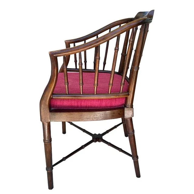 Baker Furniture Company 1960s Hollywood Regency Chippendale Brown and Red Faux Bamboo Wood Barrel Arm Chair For Sale - Image 4 of 8