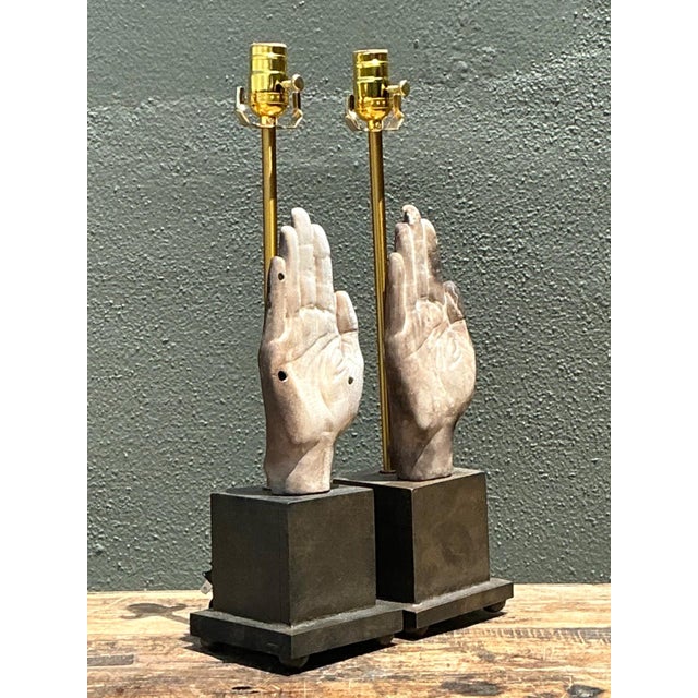 Late 20th Century Vintage Ceramic Hand Sculpture Table Lamps - A Pair For Sale - Image 5 of 16