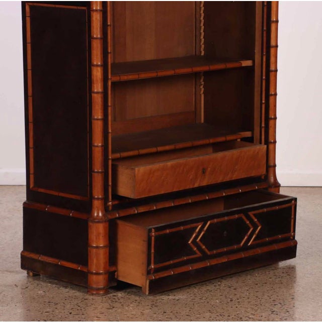 Antique French Faux Bamboo Bookcase made from Maple with adjustable shelves and lower drawers, one with original key, from...