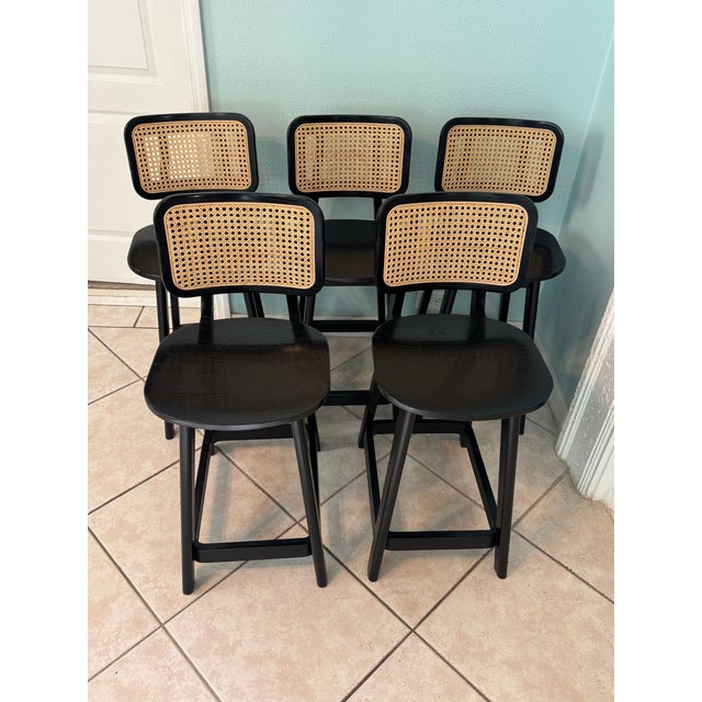 Wood Cane Domino Counter Stool by Podium - Set of 5 For Sale - Image 7 of 18