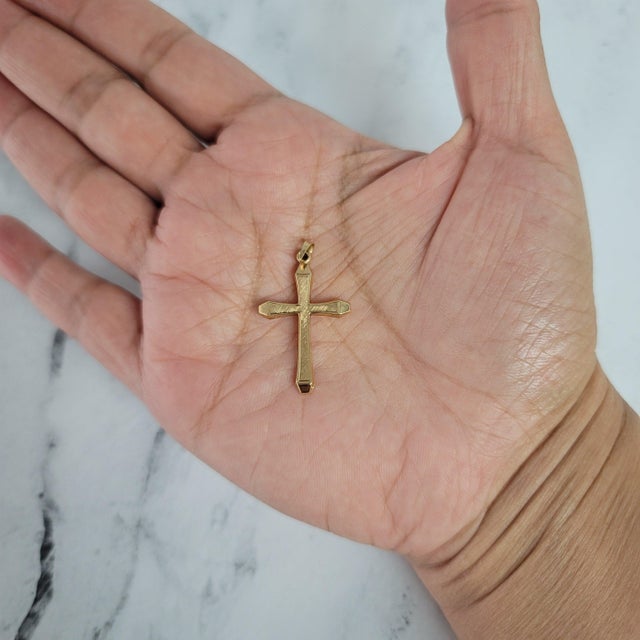 Contemporary Textured Solid Gold Cross 14k Yellow Gold 16" For Sale - Image 3 of 4