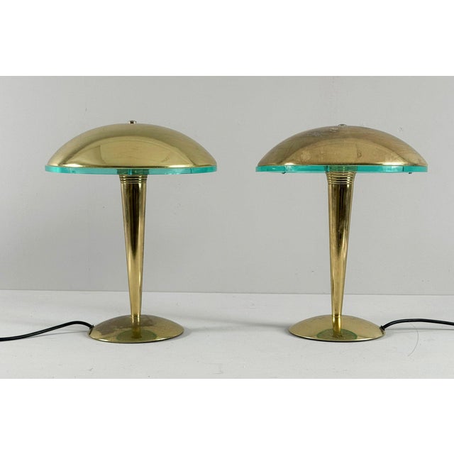 Set of 2 Art Deco style table lamps/pillow lamps, Germany, 1980s, gold-colored metal construction, one light source...