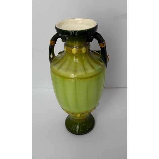 Antique Art Nouveau Majolica-Style Green Floral Vase With Twin Handles, Circa 1900 For Sale - Image 4 of 9
