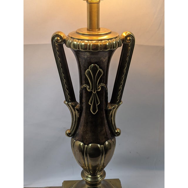 Hollywood Regency Late 20th Century Large Neoclassical Style Brass & Faux Burlwood Table Lamp With Black Shade – 34"h For Sale - Image 3 of 18