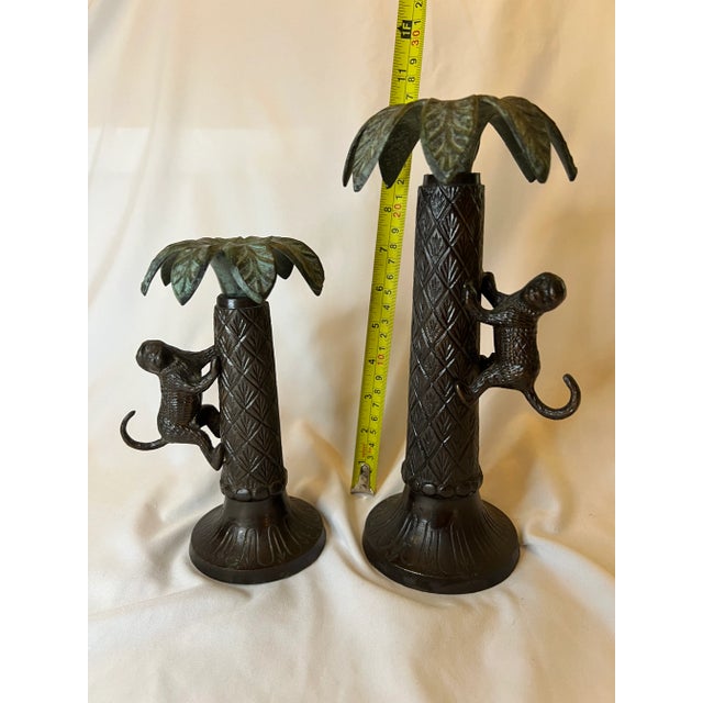 1980s Vintage Bronze Palm Tree Candlesticks With Monkeys For Sale - Image 5 of 9