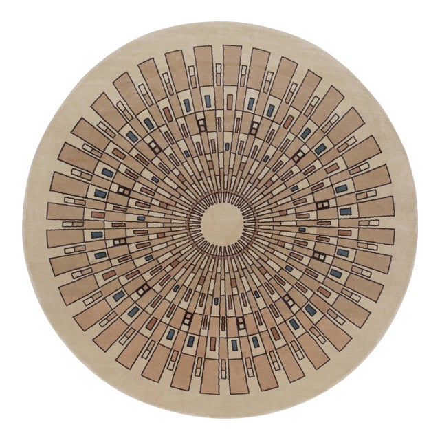 Rug & Kilim’s French Art Deco Style Circle Rug in Beige with Geometric Patterns - 6x6 For Sale