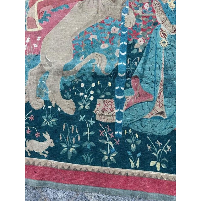 Antique French Screen Printed Tapestry Lady and Licorn, 1950s For Sale - Image 6 of 18