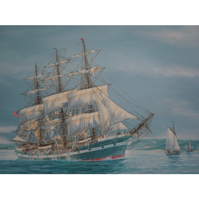 Traditional Vintage Tall Sailing Ships Oil Painting on Canvas of Chesapeake Bay Signed For Sale - Image 3 of 12