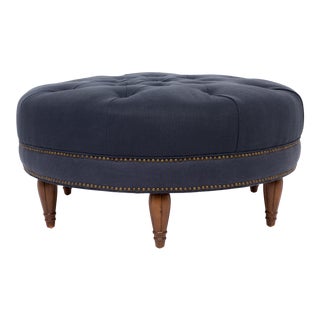 Round Tufted Ottoman in Indigo For Sale