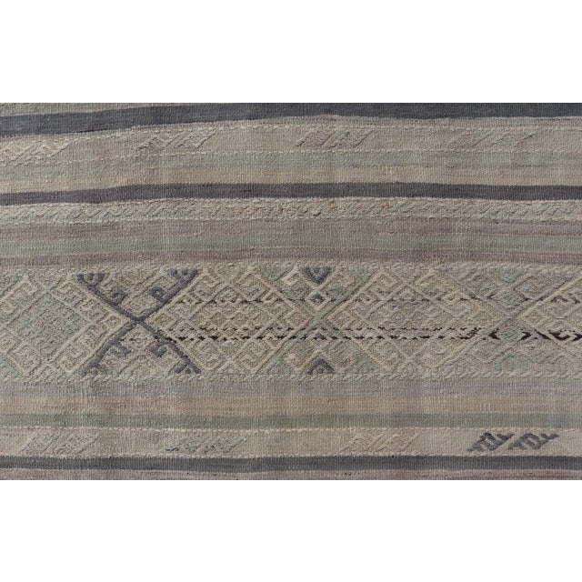 Square Vintage Turkish Embroidered Kilim in Dark Blue, L. Green, Gray, Taupe For Sale - Image 9 of 11