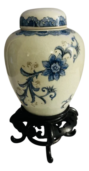 Vintage Andrea by Sadek Lidded Blue and White Floral Ginger Jar With Stand