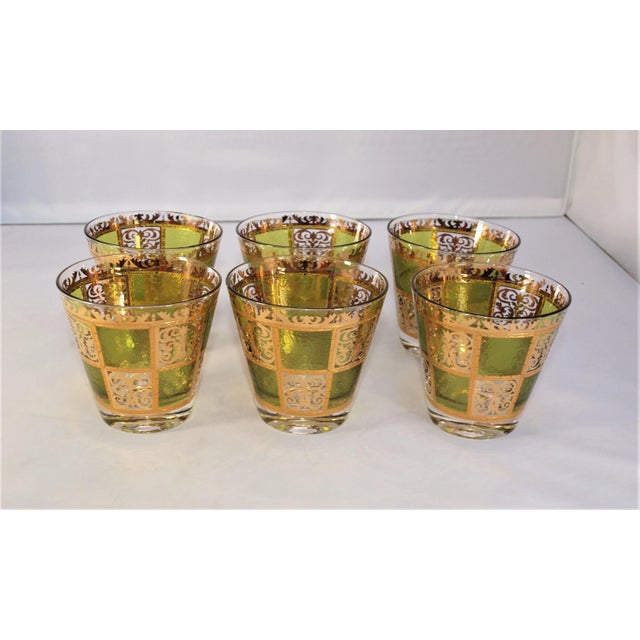 A vintage Mid-Century set of 6 Culver Prado gold & green Cocktail Glasses. Signature on side. Measures 3 ½” high and 3 ½”...
