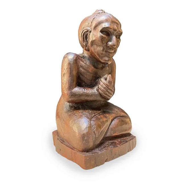Brown Burmese Monk Carved Wood Sculpture, Early 1900s For Sale - Image 8 of 8