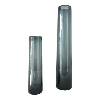 1960s Per Lütken for Holmegaard Glassworks Smokey Blue Cylinder Vases - Set of Two For Sale