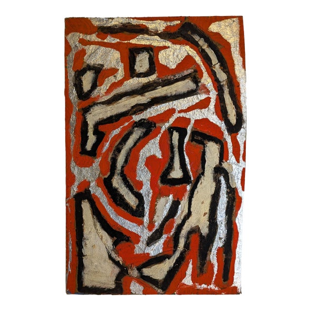 Vintage Mid-Century Primitivist Mixed Media Abstract Acrylic Metal Foil Board For Sale