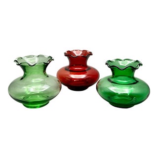 Vintage Anchor Hocking Squat Bud Vases With Ruffled Rims. Set of 3, 2 Green 1 Red For Sale