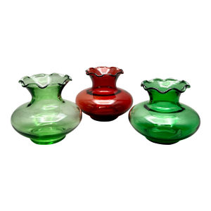 Vintage Anchor Hocking Squat Bud Vases With Ruffled Rims. Set of 3, 2 Green 1 Red