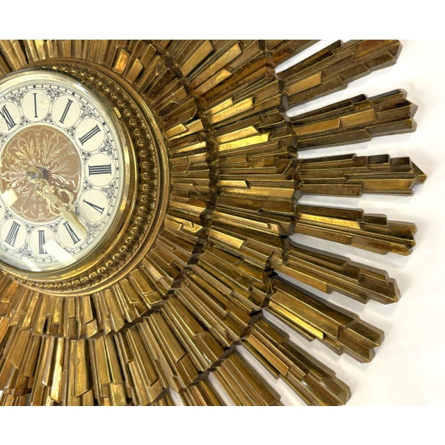 Vintage Circa 1969 Syroco Mid Century Modern Starburst Wall Clock in Antique Gold Finish For Sale In West Palm - Image 6 of 18
