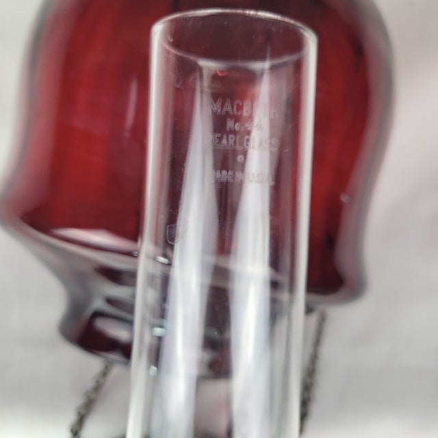 Antique Ruby Red Glass Hanging Oil Lamp Macbeth Pearl Glass Chimney Brass Trim For Sale - Image 12 of 13