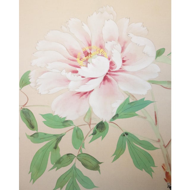 "Peony" by Unryū, Showa Era Large Japanese Painted Silk Scroll Painting For Sale In Dallas - Image 6 of 15