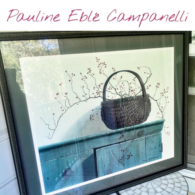 A beautifully framed still life print by Pauline Eblé Campanelli, depicting a woven basket with delicate wild rose berry...