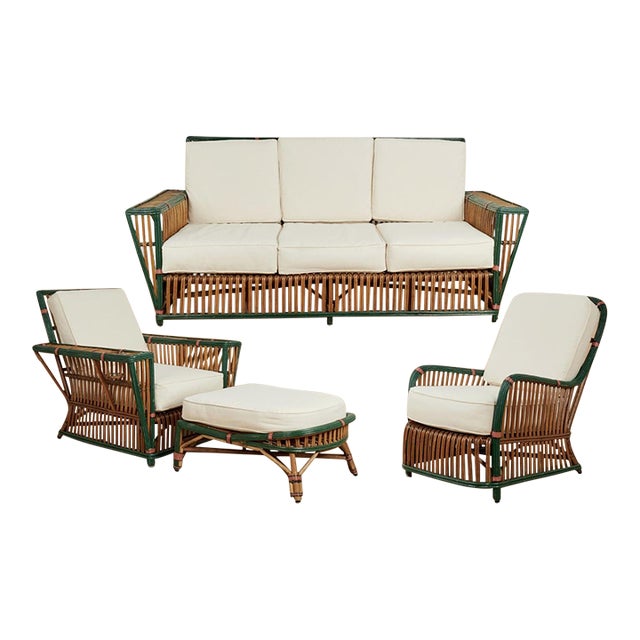 Four Piece Suite of Art Deco Rattan Porch Furniture For Sale
