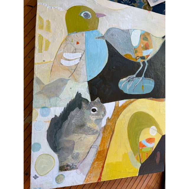 Yellow "Camp" a Fun Painting of Birds and Squirrel For Sale - Image 8 of 9