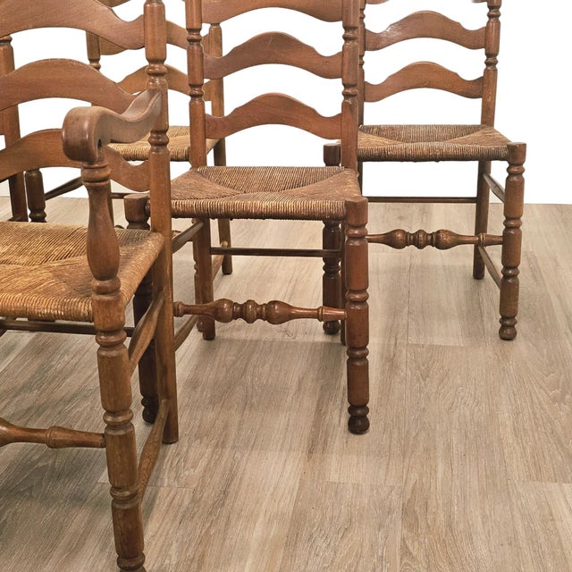 Set of 6 French Provincial Ladderback Dining Chairs With Rush Seats, Oak, Mid-Century For Sale - Image 9 of 18