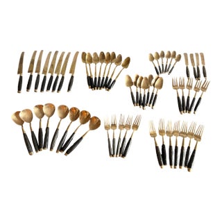 1960s Mid-Century Modern Black & Brass Flatware Set – 50 Pieces, Stainless Steel With Riveted Handles - Utensils For Sale